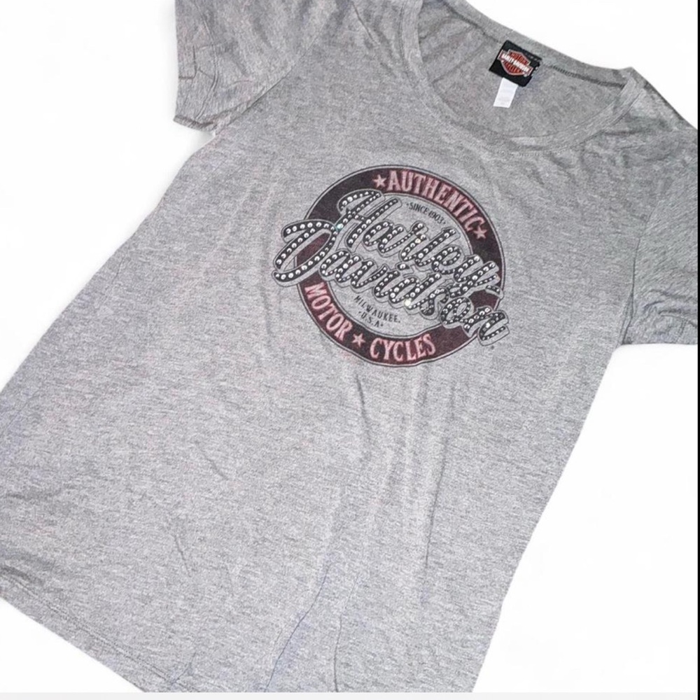 Rhinestone Harley -Davidson Gray Graphic T-Shirt